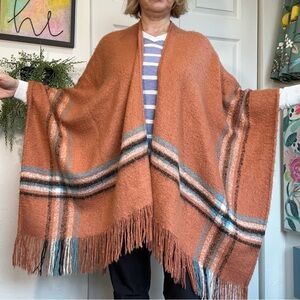Free People Rust Plaid Fringe Blanket Poncho One Size Like New